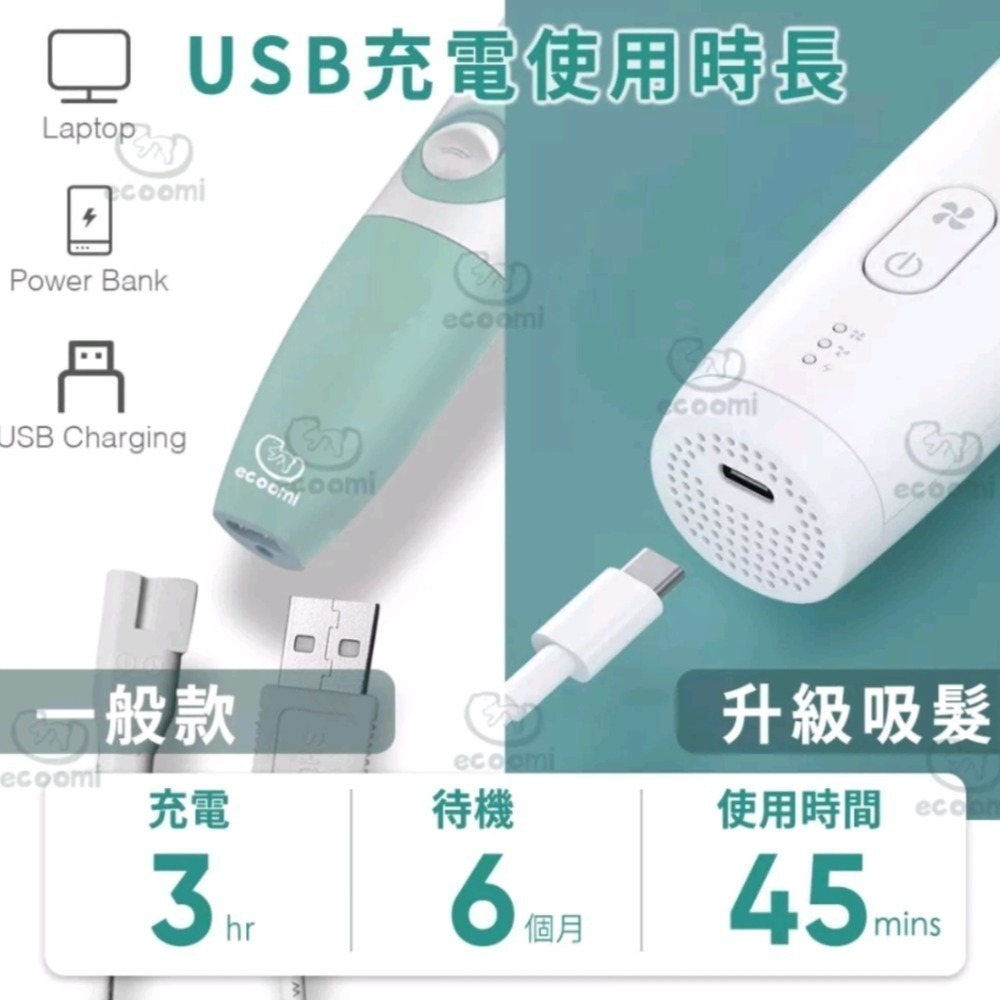 ecoomi嬰兒寶寶理髮器 usb充電兒童剪髮 剪髮器 電推剪 全機防水 陶瓷刀頭 寵物剪 電剪 靜音 可吸髮 滿月剪髮-細節圖7
