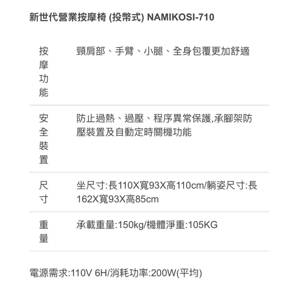 ❰免運❱ 新世代營業按摩椅 (投幣式) namikosi-710 電動按摩椅 多種模式 按摩舒壓 零重力設計 質感美學-細節圖3