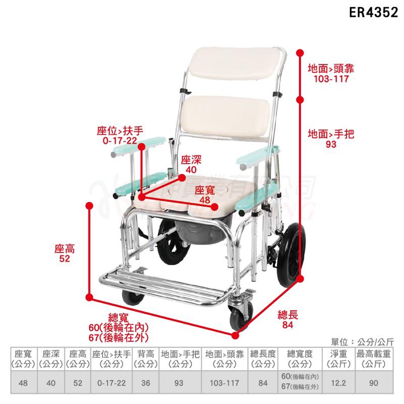❰免運費❱ 恆伸 鋁合金四輪固定洗澡便椅 ER-4352 銀髮輔具 便盆椅-細節圖5