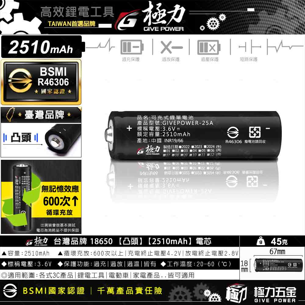 森林寶貝屋 台灣極力電池 2510 BSMI合格 18650 動力電池 平頭 尖頭 電池 鋰電池 頭燈 松下 國際 索尼-細節圖7