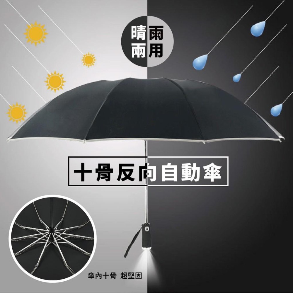 雨傘 自動傘 反向傘 反向自動傘 反光自動傘 強韌十骨 加大傘面 黑膠 抗UV 防曬遮陽傘 陽傘 摺疊傘 自動折疊傘-細節圖3