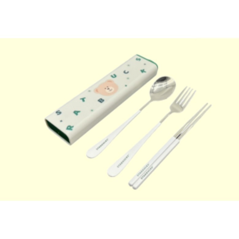 星巴克不鏽鋼餐具組，星巴克環保餐具組，星巴克小熊餐具組，星巴克小熊，白色小熊餐具組，星巴克綠色收納餐具組，星巴克餐具組-細節圖2