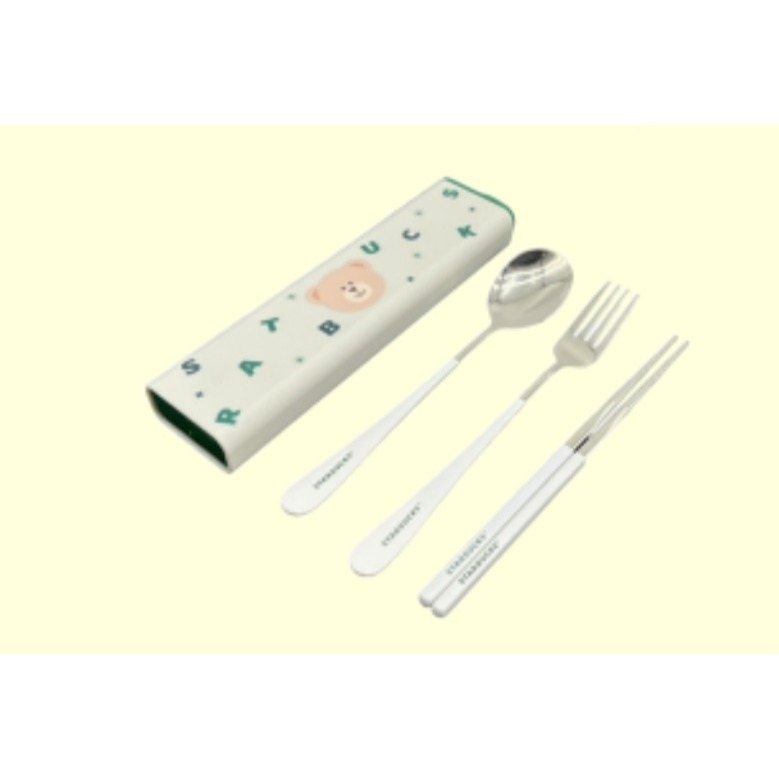星巴克不鏽鋼餐具組，星巴克環保餐具組，星巴克小熊餐具組，星巴克小熊，白色小熊餐具組，星巴克綠色收納餐具組，星巴克餐具組-細節圖2