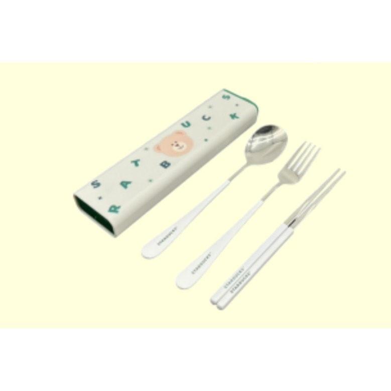 星巴克不鏽鋼餐具組，星巴克環保餐具組，星巴克小熊餐具組，星巴克小熊，白色小熊餐具組，星巴克綠色收納餐具組，星巴克餐具組-細節圖2