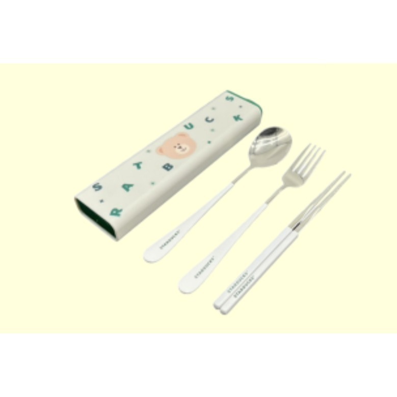 星巴克不鏽鋼餐具組，星巴克環保餐具組，星巴克小熊餐具組，星巴克小熊，白色小熊餐具組，星巴克綠色收納餐具組，星巴克餐具組-細節圖2