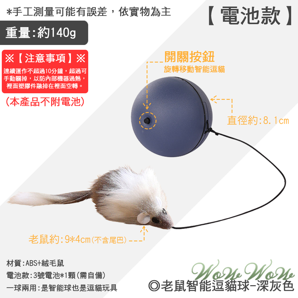 【台灣出貨】❤寵物玩具 老鼠智能逗貓球 逗貓老鼠 電池款 電動逗貓球 逗貓玩具 貓玩具 寵物智能球【WOWWOW】-規格圖9