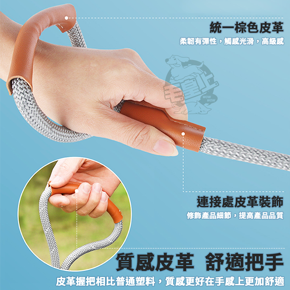 【毛皇上】❤寵物用品 皮革反光牽引繩 皮革裝飾 尼龍編織 夜間反光 牽繩 寵物牽引繩 狗狗牽繩 外出散步【WOWWOW】-細節圖3