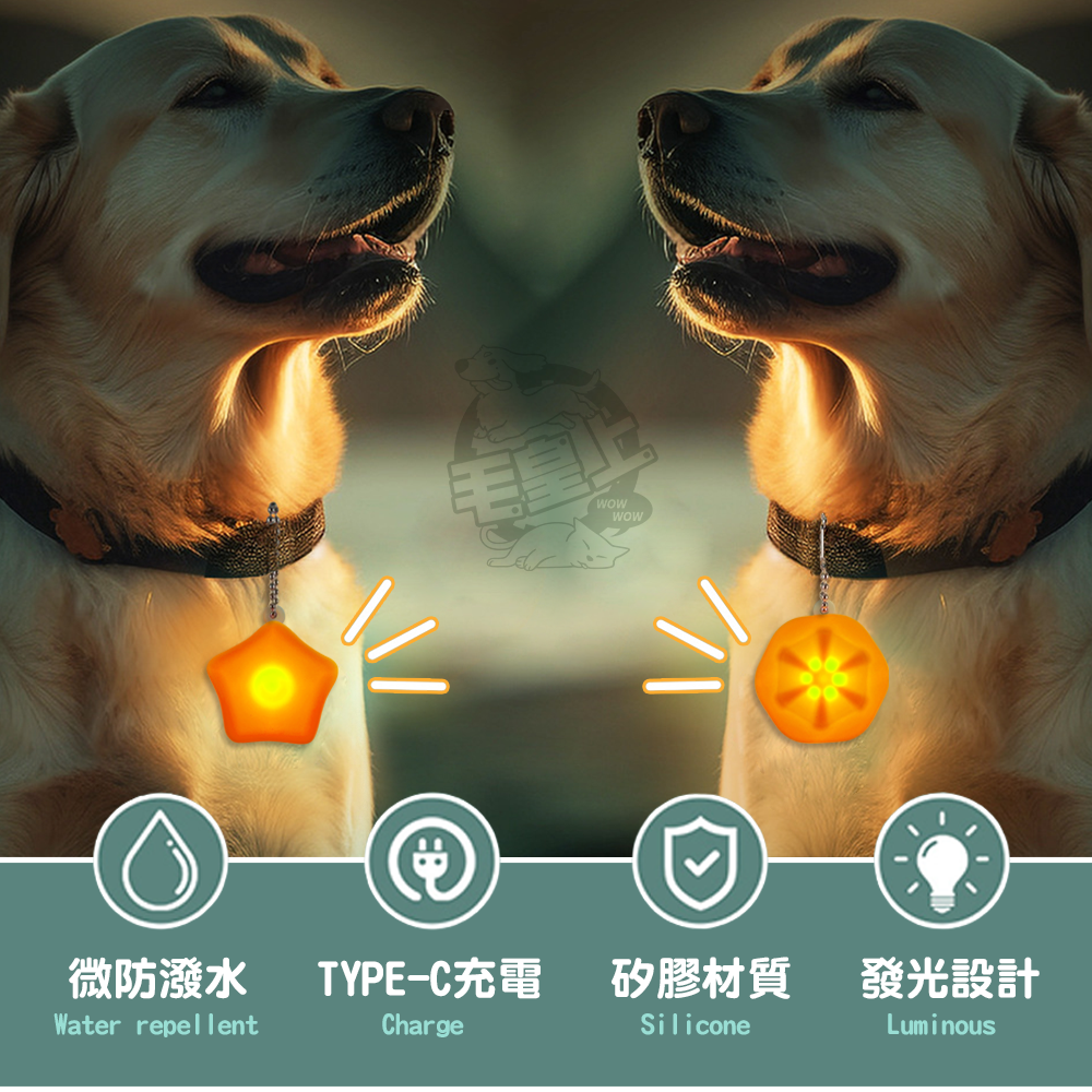 【毛皇上】❤寵物用品 造型發光吊墜燈 六角/星星/草莓 寵物吊飾 充電款 發光吊墜 夜間發光 狗狗項圈【WOWWOW】-細節圖3