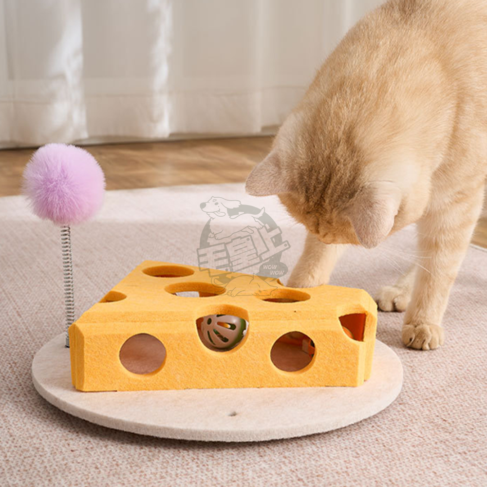 【毛皇上】❤寵物玩具 毛氈奶酪逗貓盒 鈴鐺球掏掏樂 乳酪塊 起司盒 毛氈玩具 益智玩具 自嗨解悶 貓玩具【WOWWOW】-細節圖5