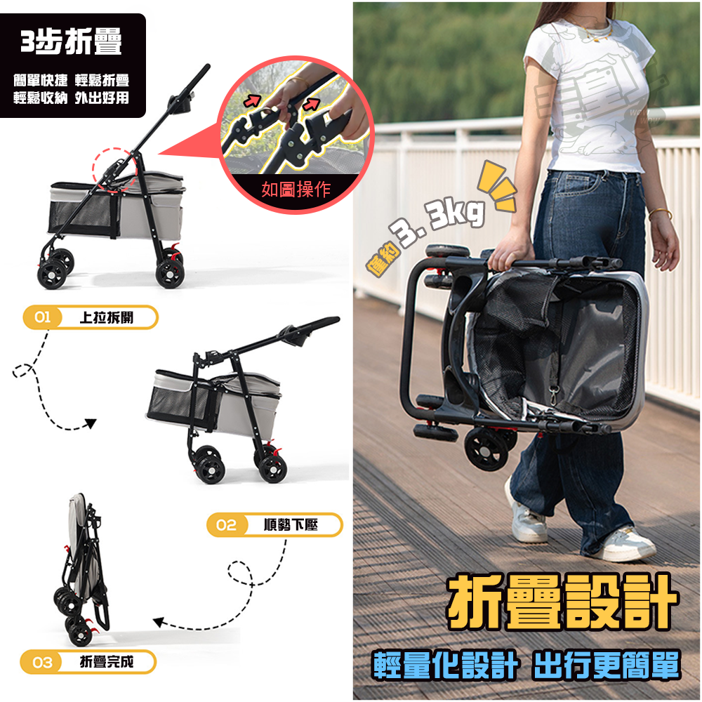 【毛皇上】便攜折疊寵物推車 外出推車 寵物推車 輕量化 一鍵收合 狗推車 貓推車-細節圖5