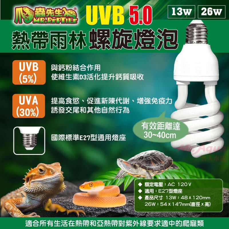 蛋叔叔-爬蟲先生-熱帶雨林螺旋UVB燈泡5.0/雨林型/紫外線燈/13w/26w/太陽燈/補鈣/樹蛙/水龜/蜥蜴/變色龍-細節圖2