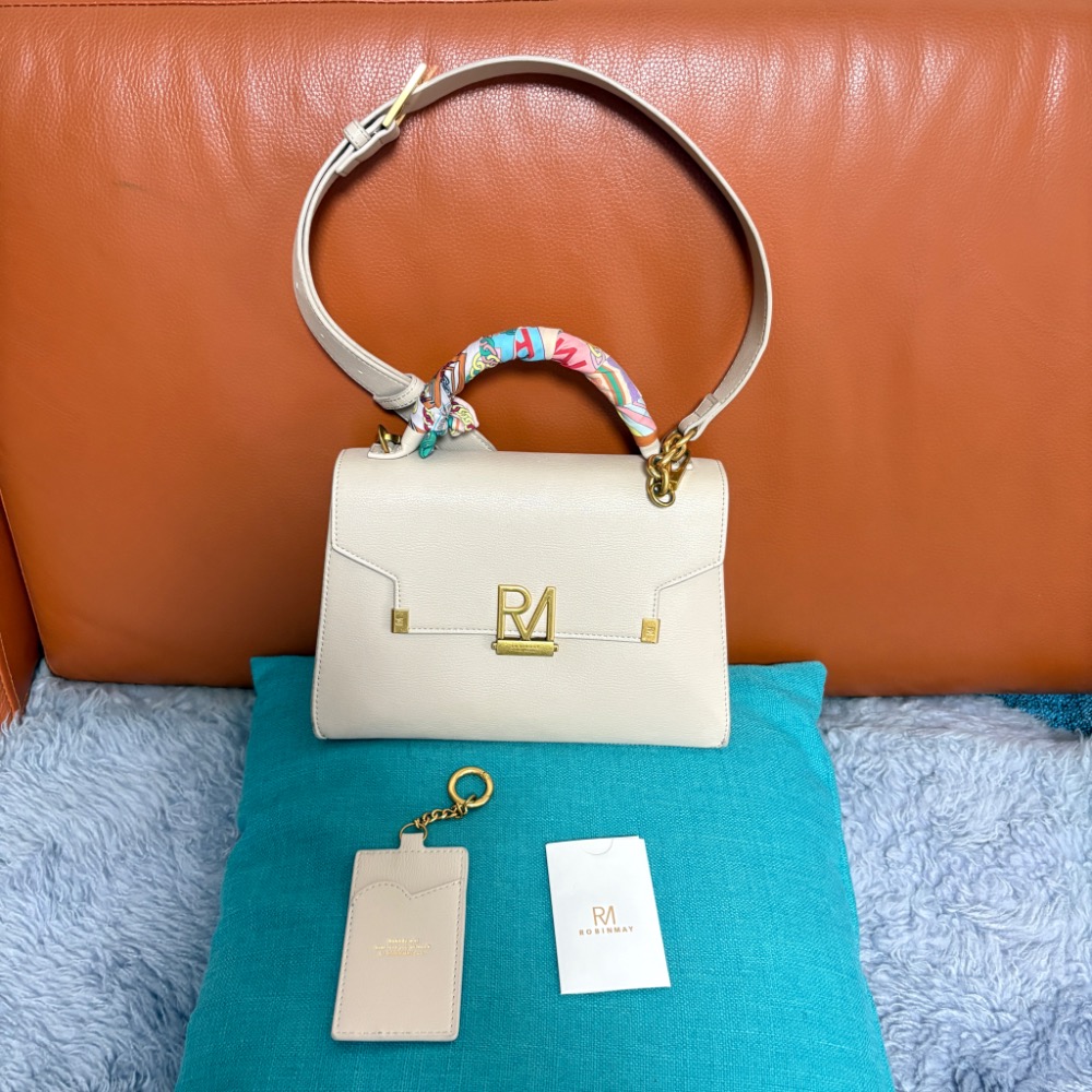 專櫃品牌ROBINMAY杏色 真皮 手提 斜背   皮包 凱莉包款-細節圖2