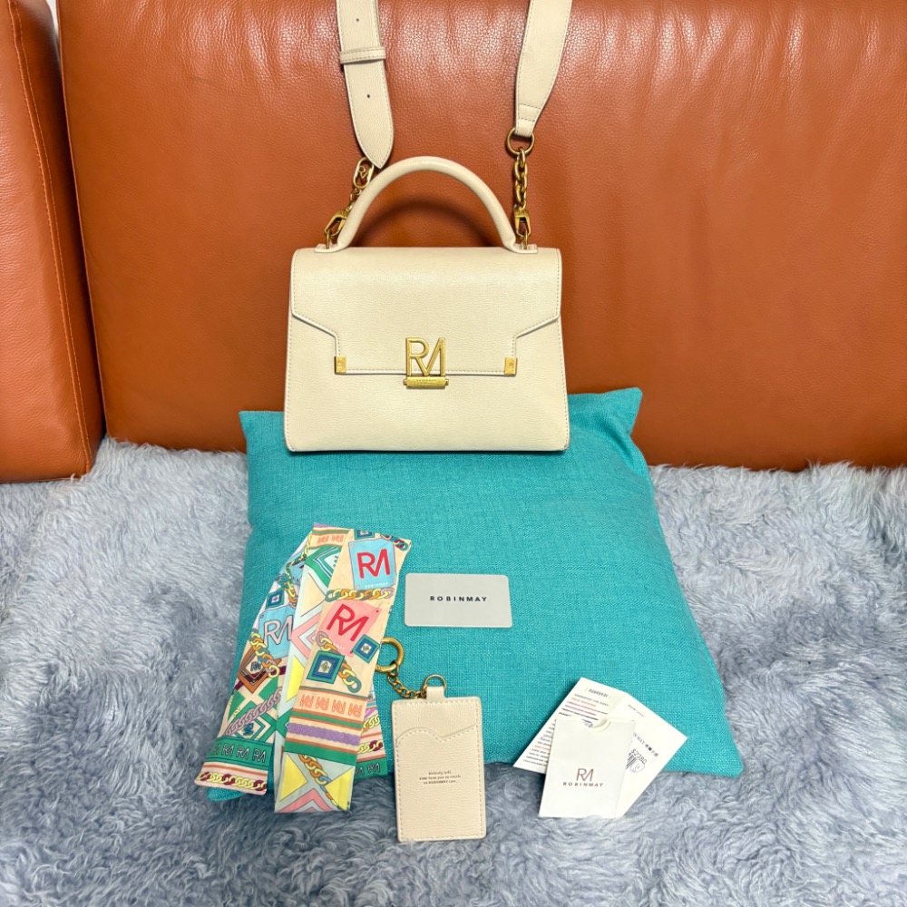 專櫃品牌ROBINMAY杏色 真皮 手提 斜背   皮包 凱莉包款-細節圖7