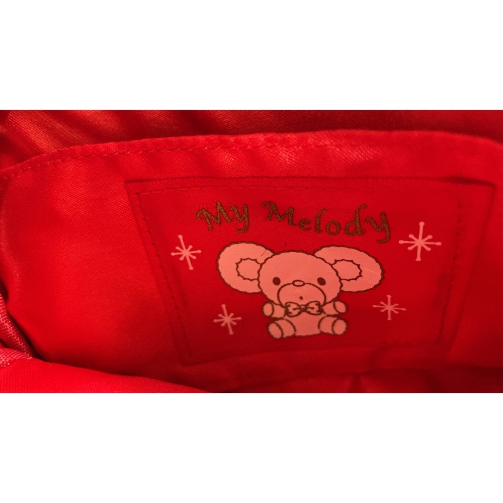 奶油點心兔：2014年絕版紅色耳朵美樂蒂皮革質感扁平收納袋、小包、手機包，附夾層，雪花拉鍊-細節圖2