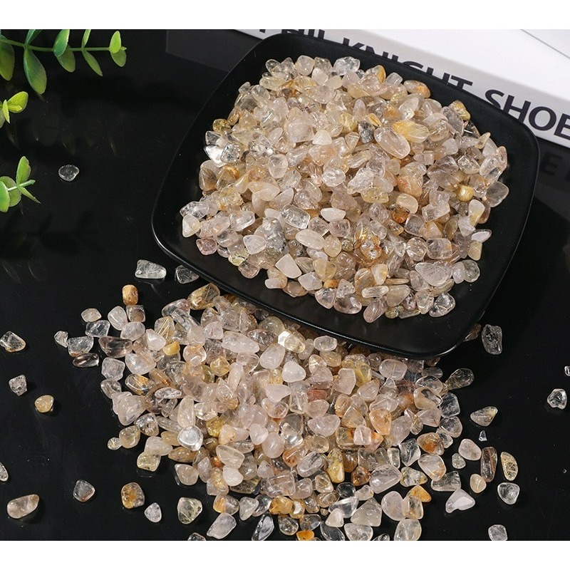 [水晶專賣24h出貨] 水晶碎石 金髮晶 魚缸花盆造景石 消磁石 水晶 髮晶 招財 能量石 風水 白水晶 粉水晶-細節圖2