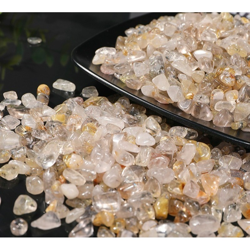 [水晶專賣24h出貨] 水晶碎石 金髮晶 魚缸花盆造景石 消磁石 水晶 髮晶 招財 能量石 風水 白水晶 粉水晶-細節圖3