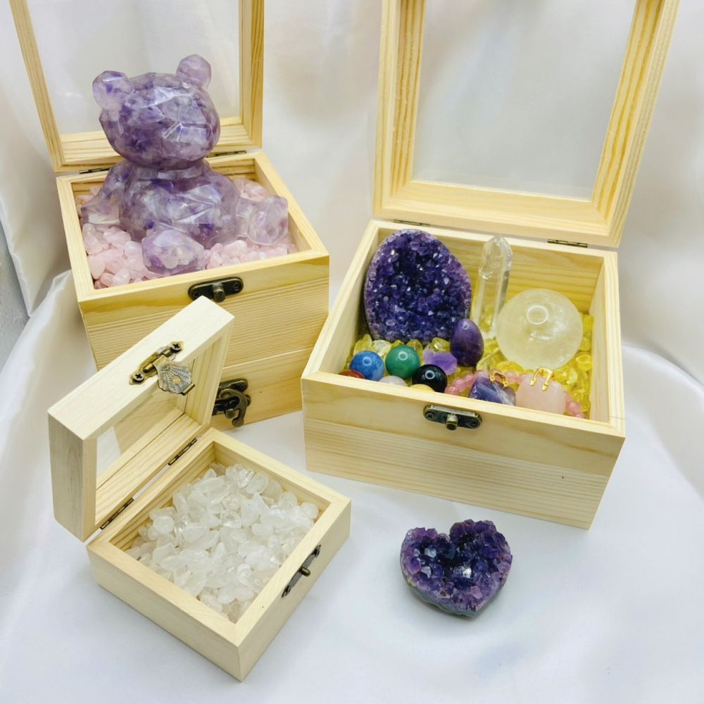 [水晶專賣24h出貨] 水晶消磁 收納 木盒 玻璃蓋木盒 水晶碎石消磁盒 消磁碗 水晶 水晶碎石 淨化水晶 水晶-細節圖3