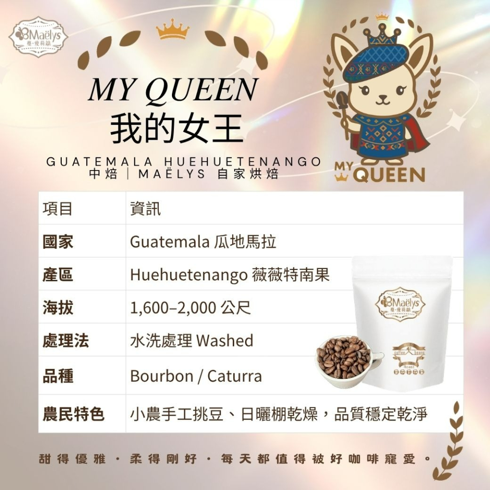 咖啡豆｜【Maelys】My Queen我的女王｜瓜地馬拉 SHB｜薇薇特南果 Huehuetenango｜中焙・水洗-細節圖2