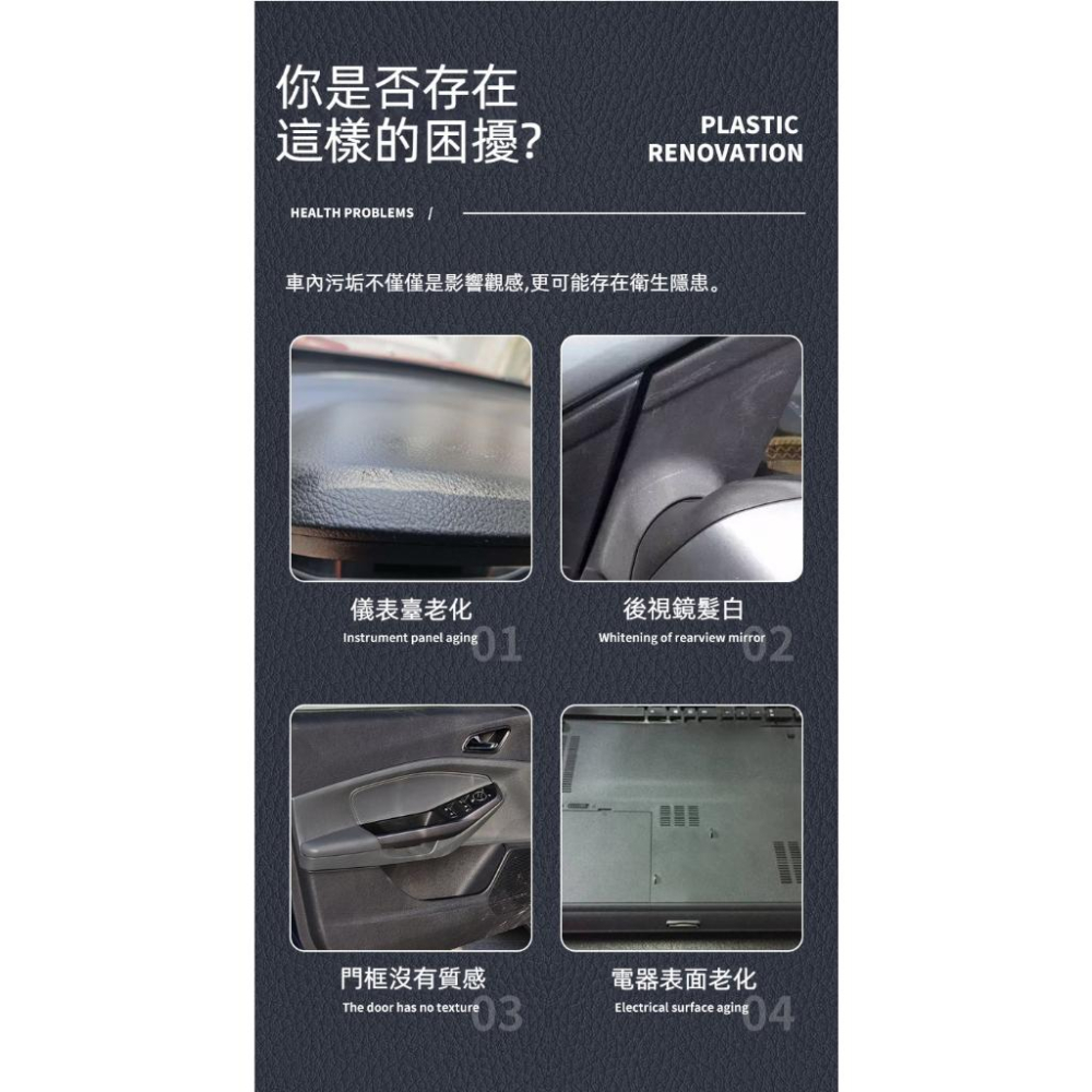 汽車皮革塑料翻新劑 皮革翻新劑 汽車塑料翻新劑 汽車內飾翻新劑 塑料還原劑 塑料白化修復 塑膠鍍膜劑 塑料保養 皮革保養-細節圖8
