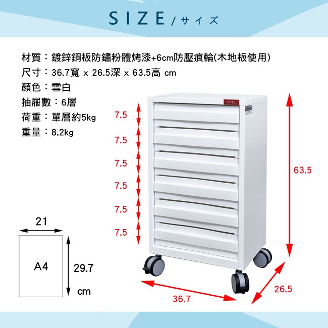 凱堡家居｜樹德 推車橫式抽屜資料文件車 MIT台灣製 文件櫃 工具車 資料櫃【DDH-106HM】-細節圖8