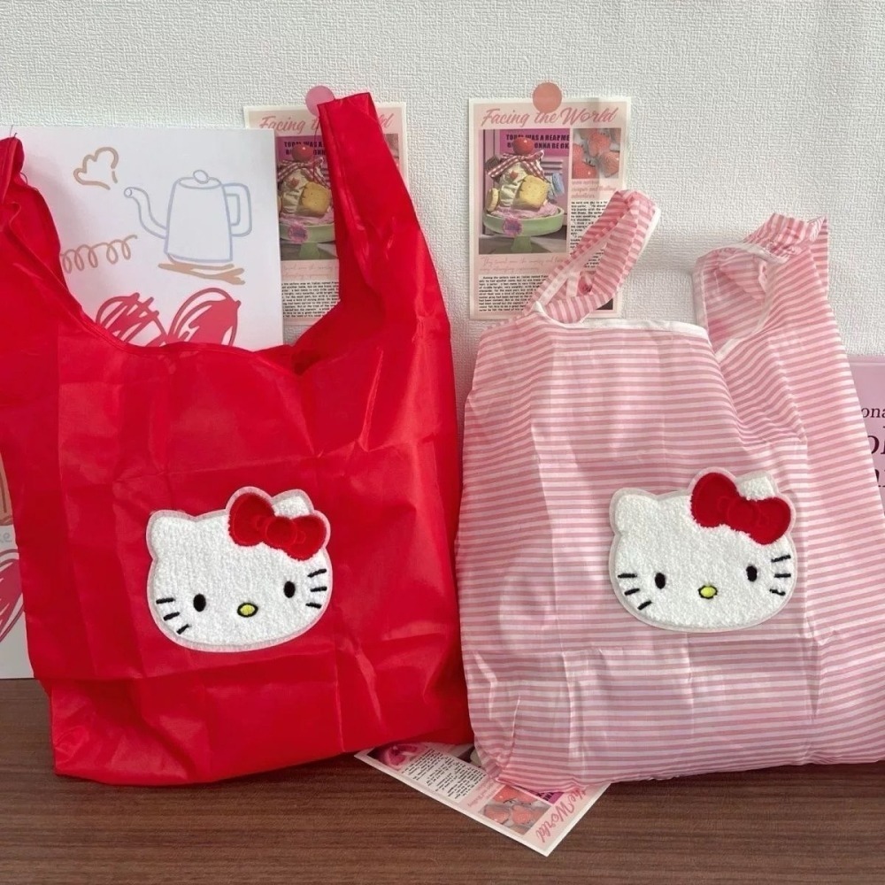 現貨 可愛卡通KT創意刺繡環保購物袋 折疊方便攜帶大容量 Hello kitty-細節圖2