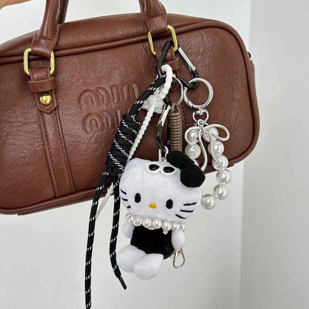 現貨 珍珠項鍊黑白kitty 毛絨公仔愛心扣掛吊飾 酷黑 KT-細節圖2