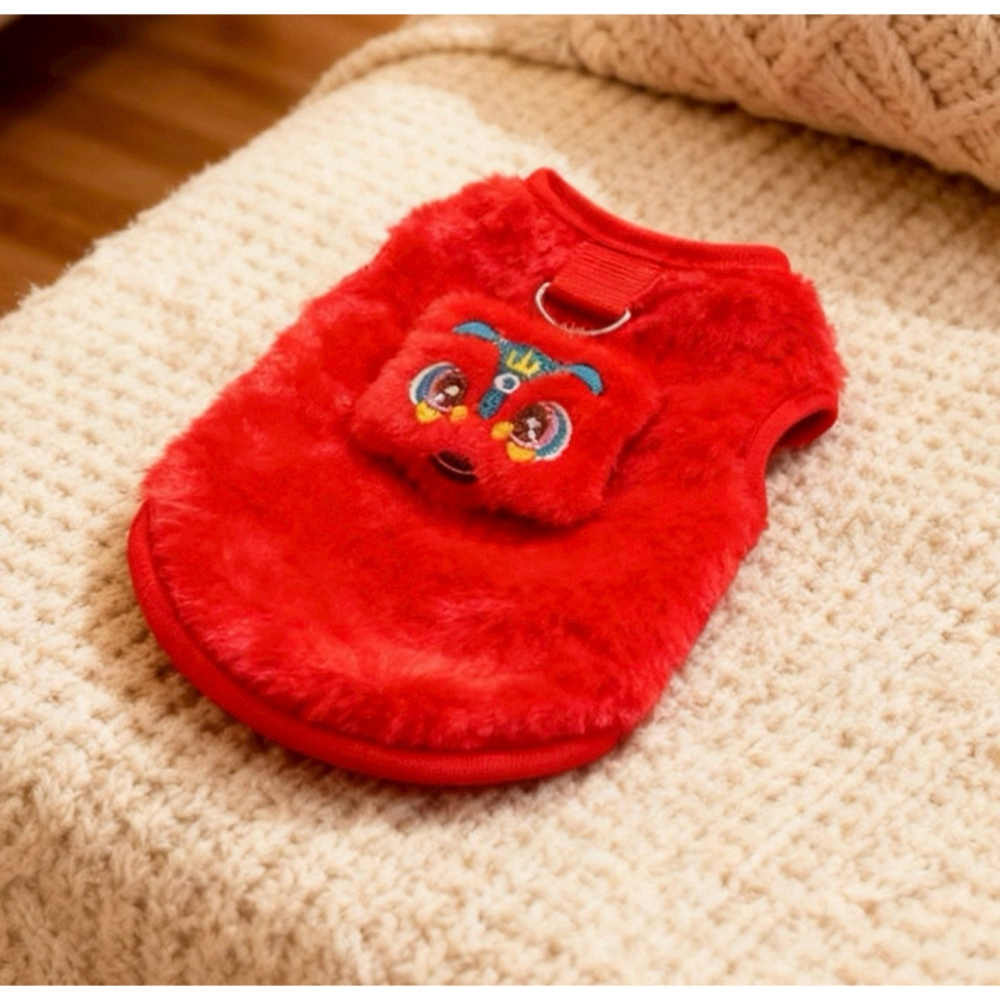 現貨 寵物貓狗衣服 恭喜發財 白紅舞獅 雙面絨毛 喜氣 小型犬 有牽引繩扣-細節圖6