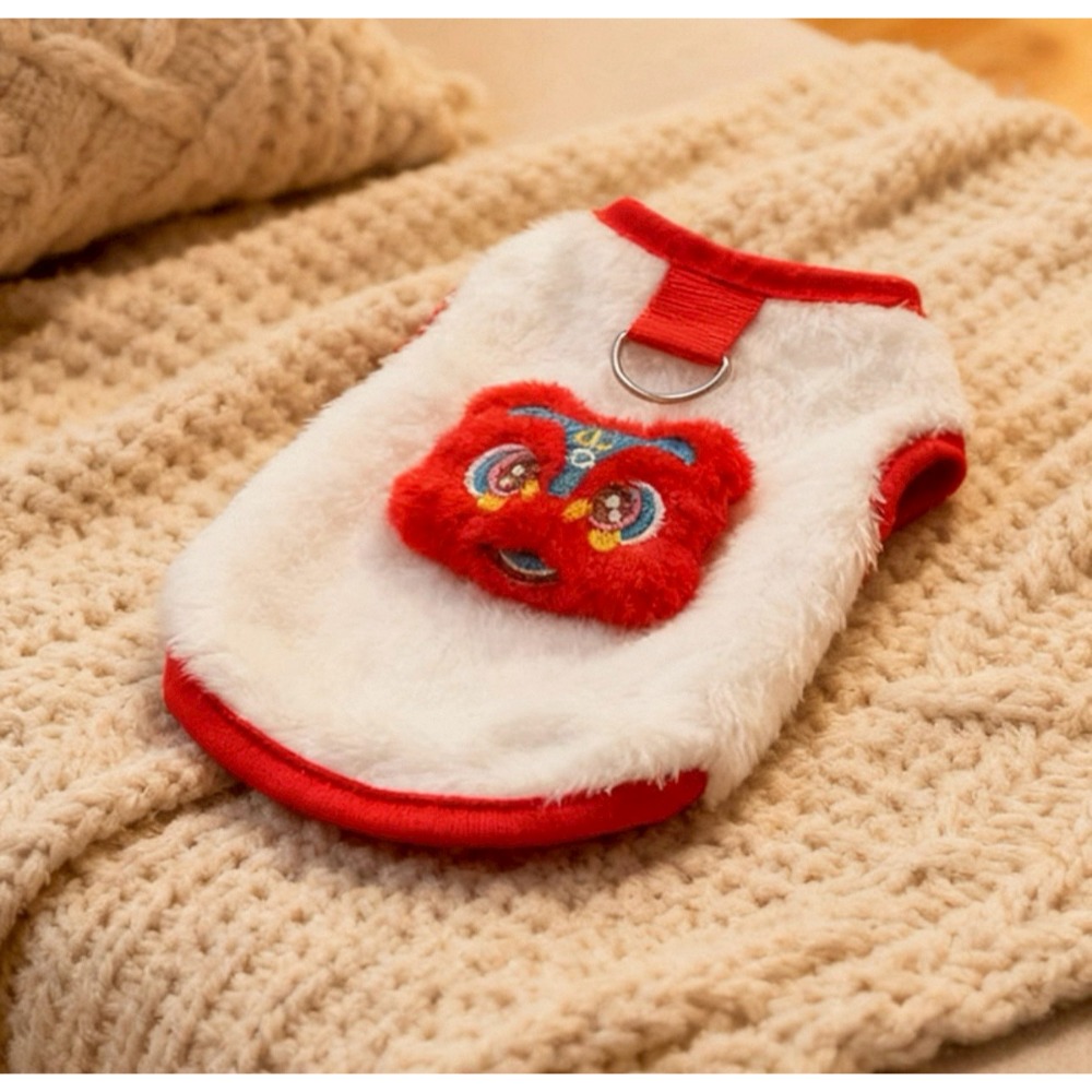 現貨 寵物貓狗衣服 恭喜發財 白紅舞獅 雙面絨毛 喜氣 小型犬 有牽引繩扣-規格圖6