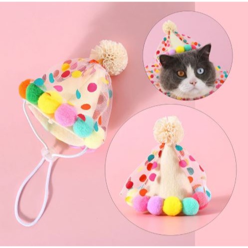 現貨 寵物波點花邊圍兜 生日頭飾毛球帽子 貓咪小狗-細節圖2