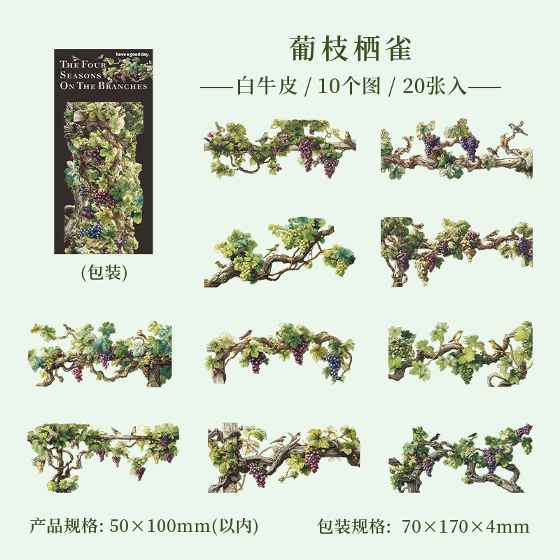 BONBONBONNIE🐰美好的一天 枝葉上的四季系列 樹藤枝葉白牛皮紙貼紙包-規格圖7