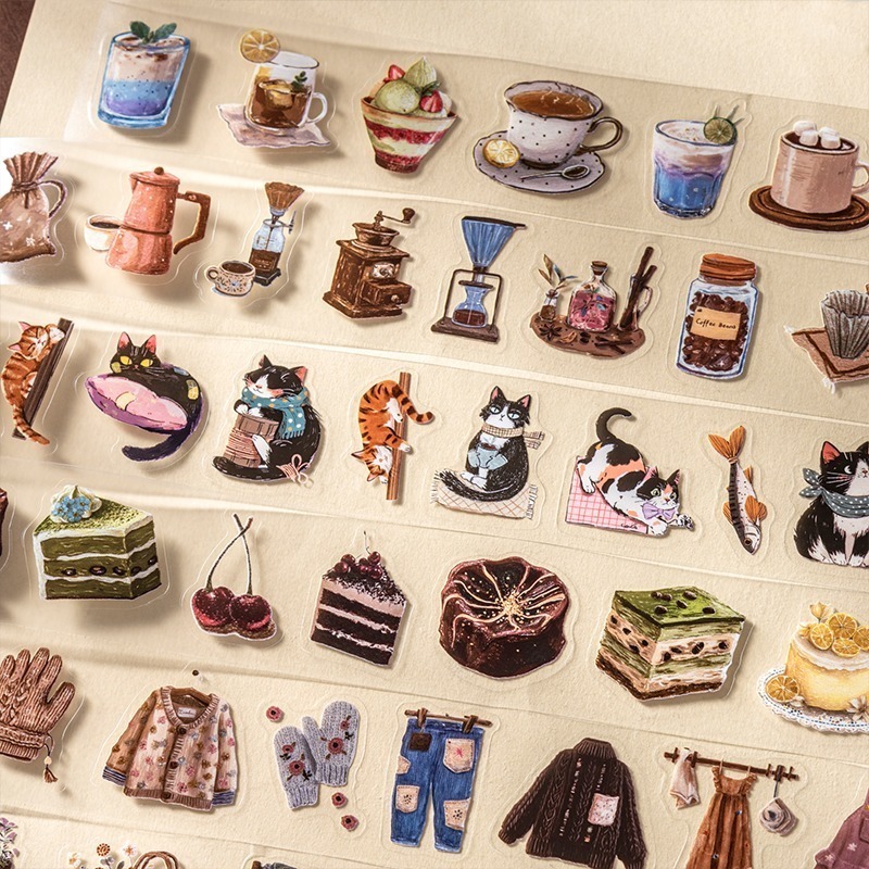 BONBONBONNIE🐰番茄醬少女 閒暇時刻系列 午茶穿搭貓咪霧面PET膠帶-細節圖2