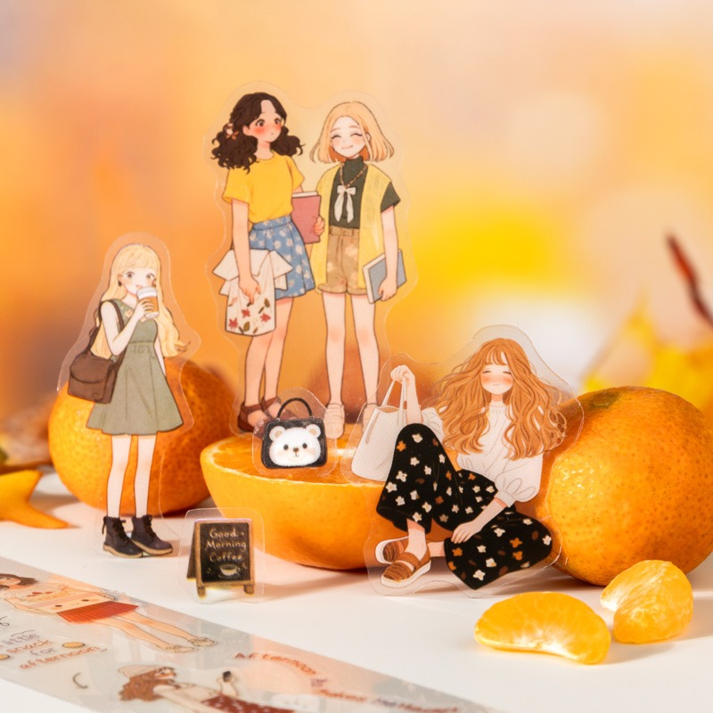 BONBONBONNIE🐰番茄醬少女 橘子味的少女 人物貼紙 造景旅遊PET模切膠帶-細節圖2