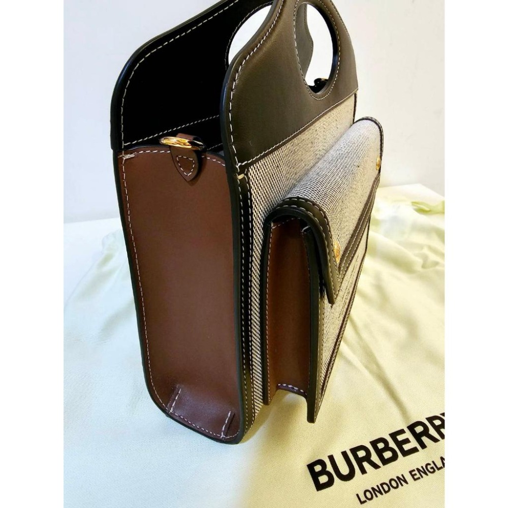 全新【BURBERRY 博柏利】Logo 三色棉帆布拚皮革口袋包 迷你 Pocket mini黑色/棕褐色 正品有購證-細節圖5