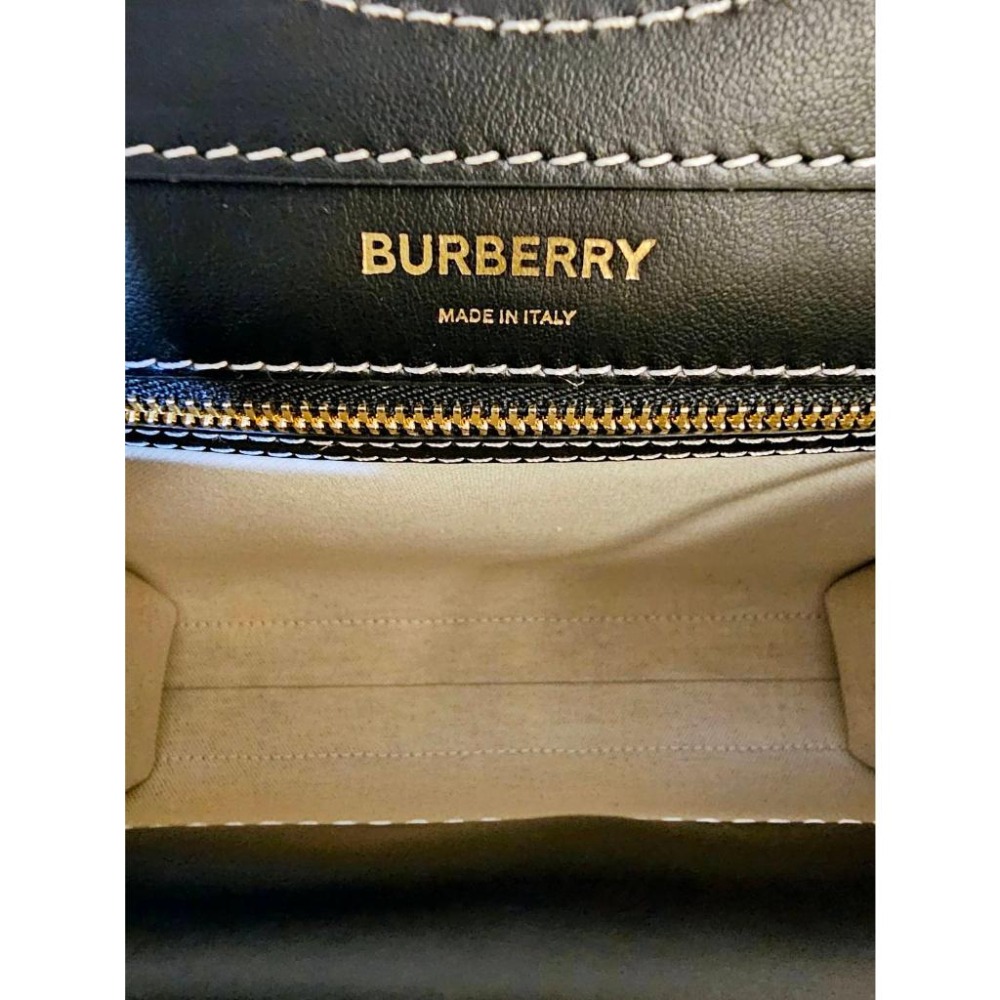 全新【BURBERRY 博柏利】Logo 三色棉帆布拚皮革口袋包 迷你 Pocket mini黑色/棕褐色 正品有購證-細節圖8