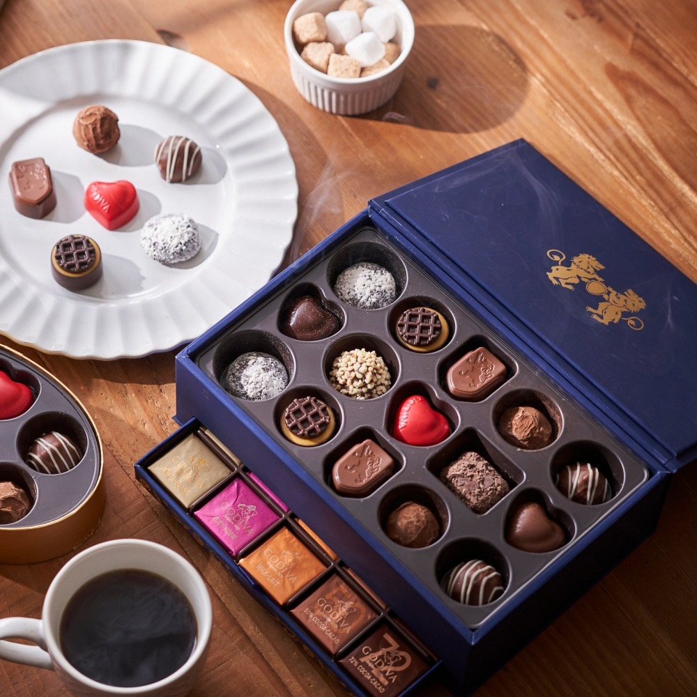 ArielWish日本限量版GODIVA比利時皇室限定雙層掀蓋抽屜式皇室氣質藍燙金珠寶盒巧克力禮盒-珍藏紀念版兩款-細節圖2