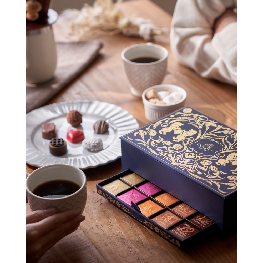 ArielWish日本限量版GODIVA比利時皇室限定雙層掀蓋抽屜式皇室氣質藍燙金珠寶盒巧克力禮盒-珍藏紀念版兩款-細節圖3