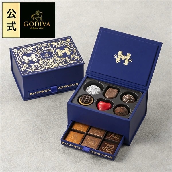 ArielWish日本限量版GODIVA比利時皇室限定雙層掀蓋抽屜式皇室氣質藍燙金珠寶盒巧克力禮盒-珍藏紀念版兩款-細節圖6