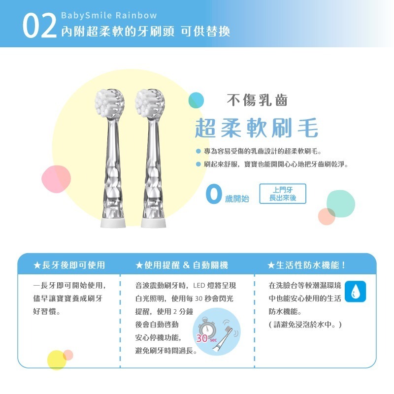 日本BabySmile 炫彩變色 S-204 兒童電動牙刷 藍(內附軟毛刷頭x2 - 1只已裝於主機)-細節圖5