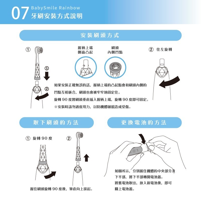 日本BabySmile 炫彩變色 S-204 兒童電動牙刷 藍(內附軟毛刷頭x2 - 1只已裝於主機)-細節圖10