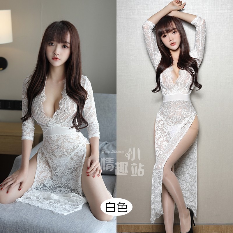 情趣小站 長袖蕾絲側開叉長裙蕾絲睡裙套裝#211004-細節圖3