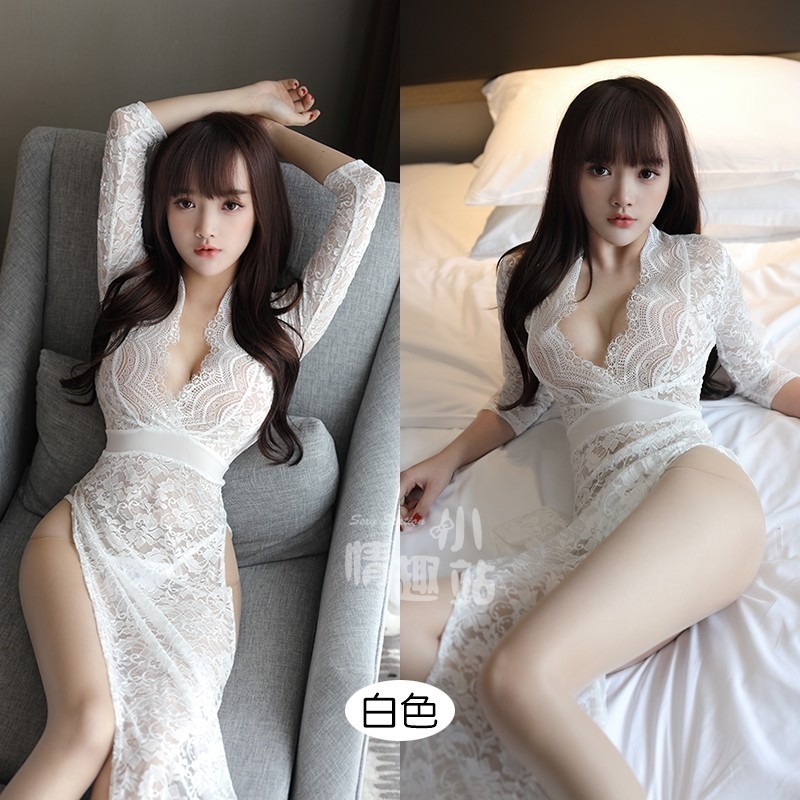 情趣小站 長袖蕾絲側開叉長裙蕾絲睡裙套裝#211004-細節圖5