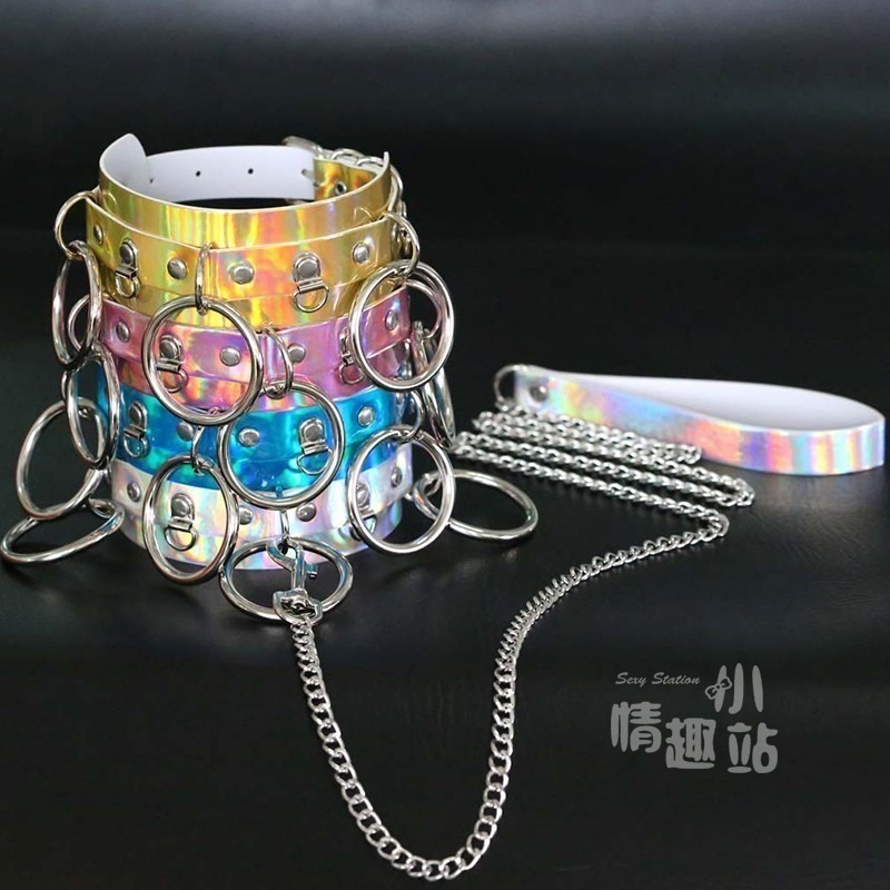 個性誇張 性感O環炫彩雷射皮項圈 夜店酒吧狗奴調教牽引繩#QCQYS05-細節圖3