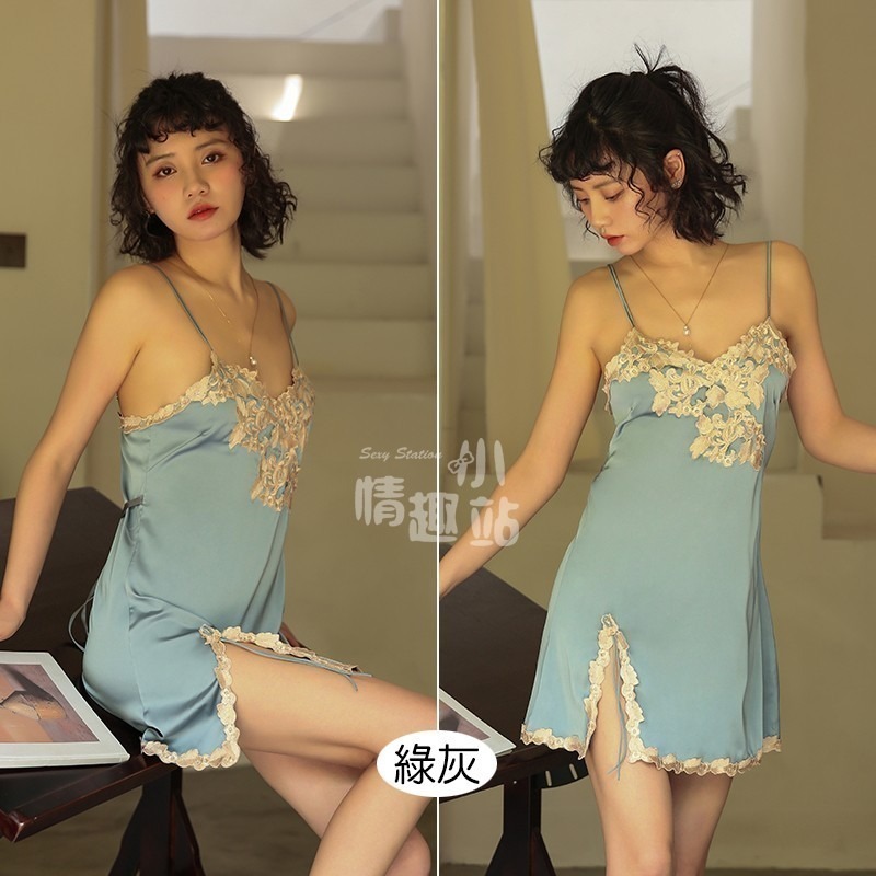 性感裙擺誘惑迷人深V吊帶睡裙 仿真絲刺繡家居服#766-細節圖2