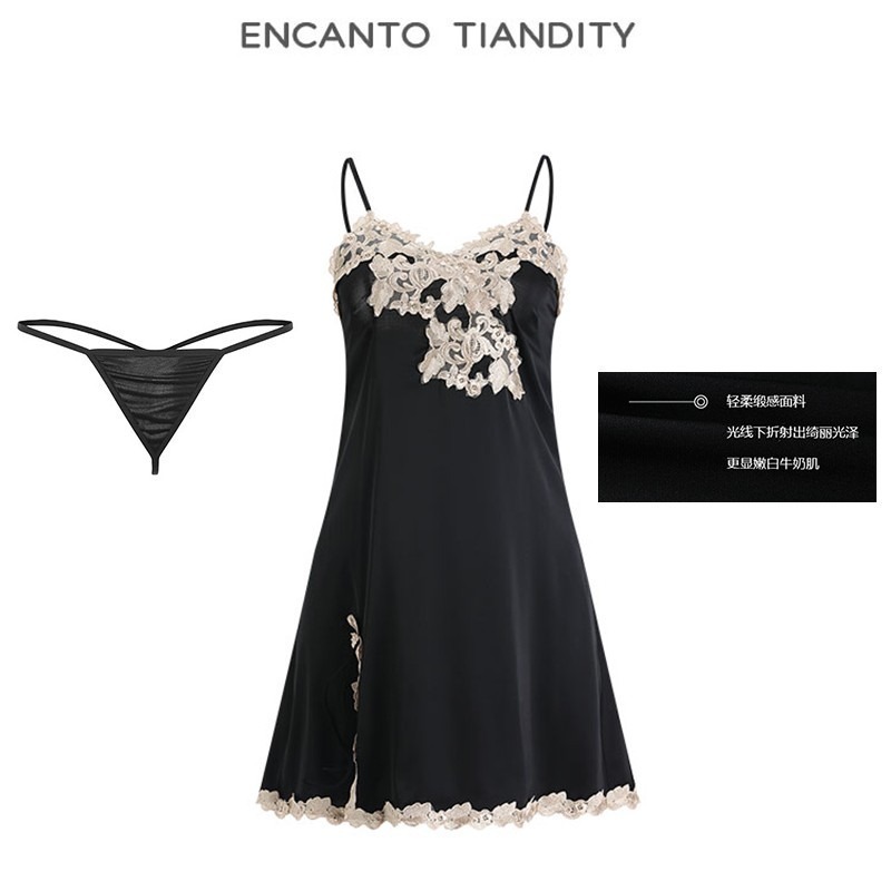 性感裙擺誘惑迷人深V吊帶睡裙 仿真絲刺繡家居服#766-細節圖7