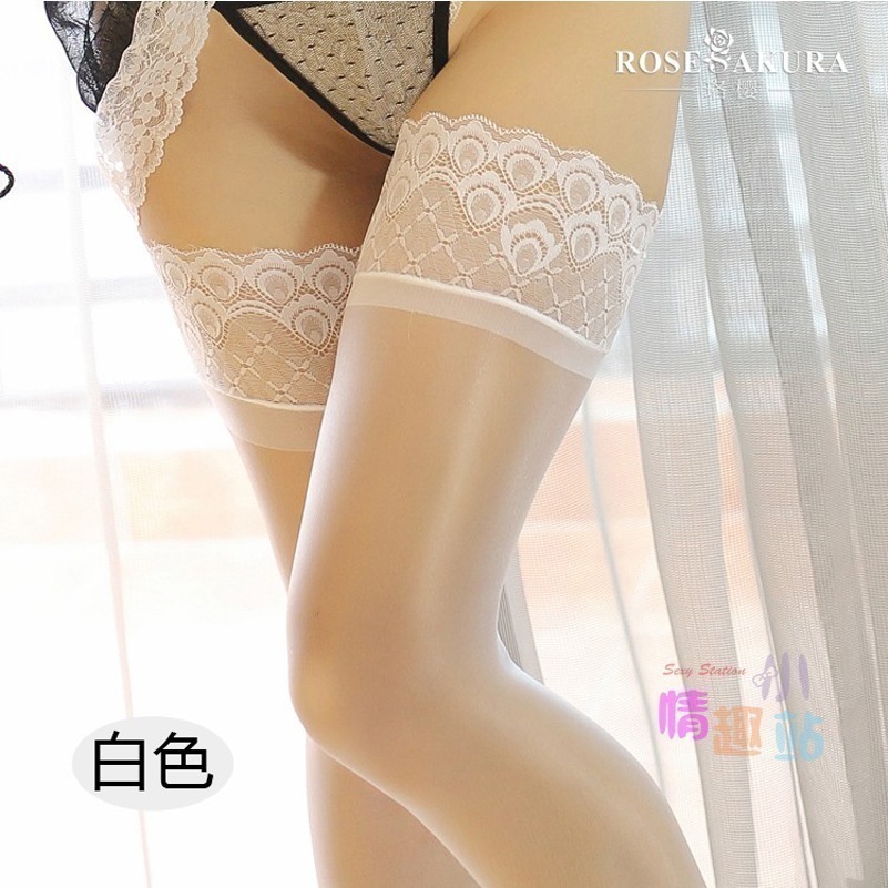 情趣小站 珞櫻矽膠防滑油亮孔雀蕾絲花邊大腿襪#0907-細節圖3