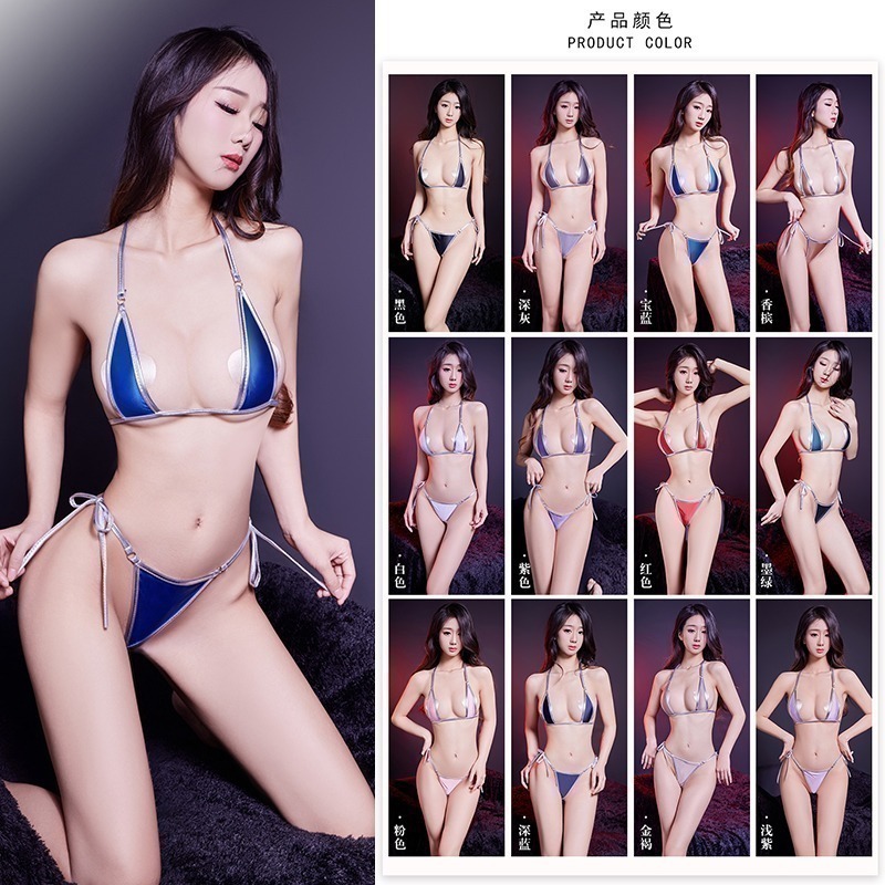 情趣小站 銀邊油亮綁帶三點式比基尼內衣丁字套裝#6616-細節圖2