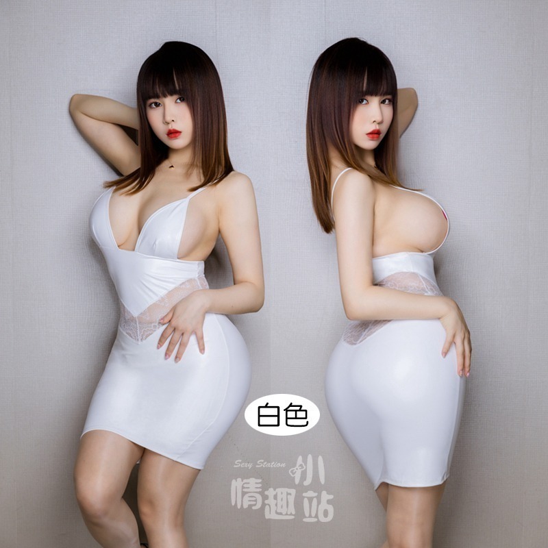 情趣小站 性感深V蕾絲拼接PU緊身吊帶連衣裙#2504-細節圖2