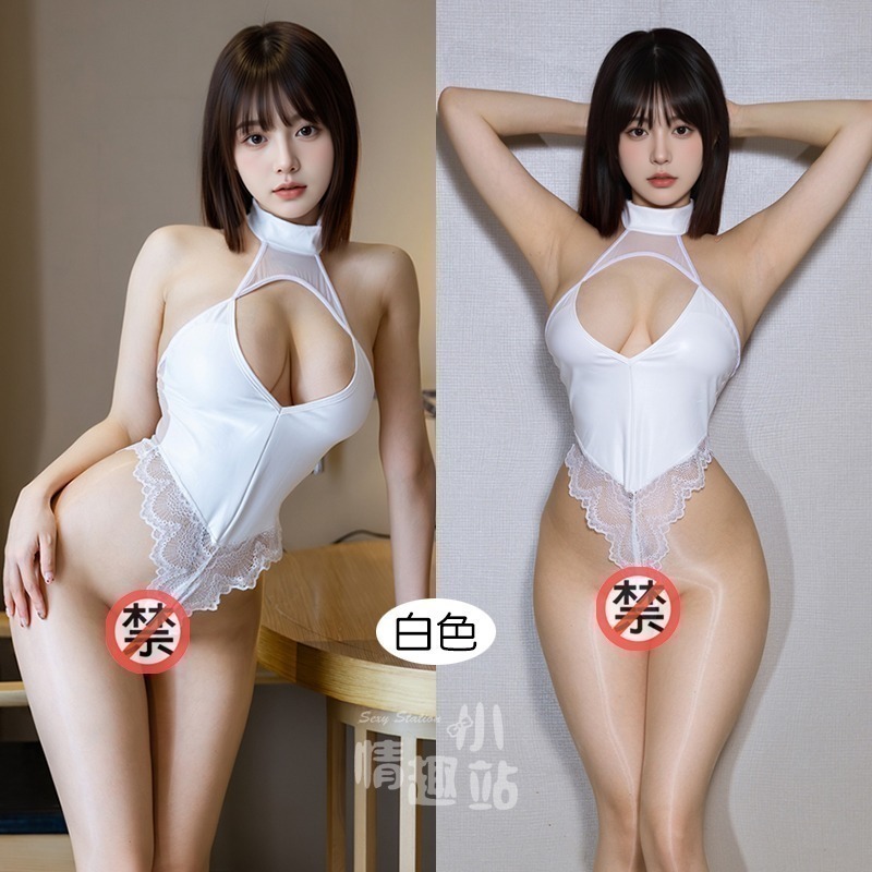 情趣小站 性感深V蕾絲網紗拼接PU高叉連體衣#2514-細節圖7