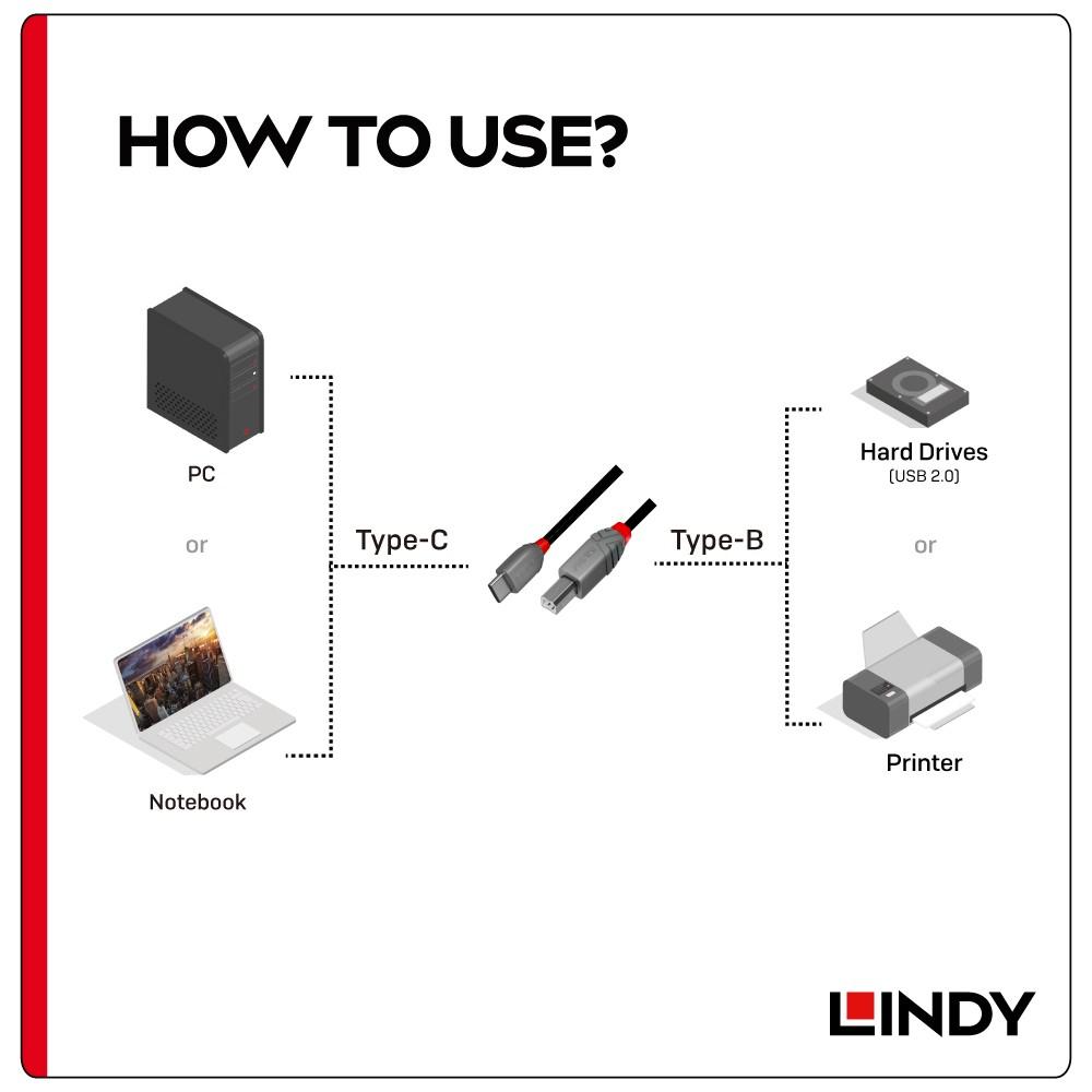 【LINDY】林帝 ANTHRA系列 USB2.0 Type-C/公 to Type-B/公 傳輸線-細節圖6