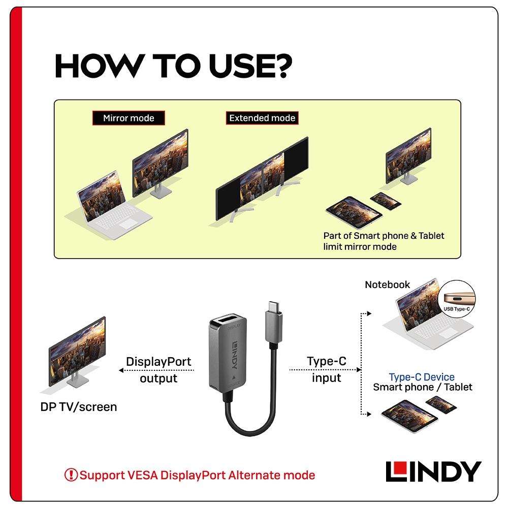 【LINDY】林帝 主動式 USB3.1 TYPE-C公 To DISPLAYPORT母 鋁合金轉接器-細節圖4